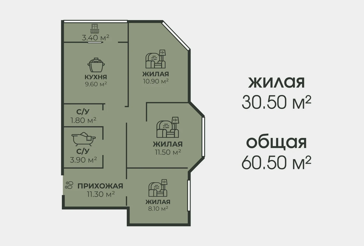 Планировка 3-комнатной квартиры: жилая 30.50 м², общая 60.50 м²